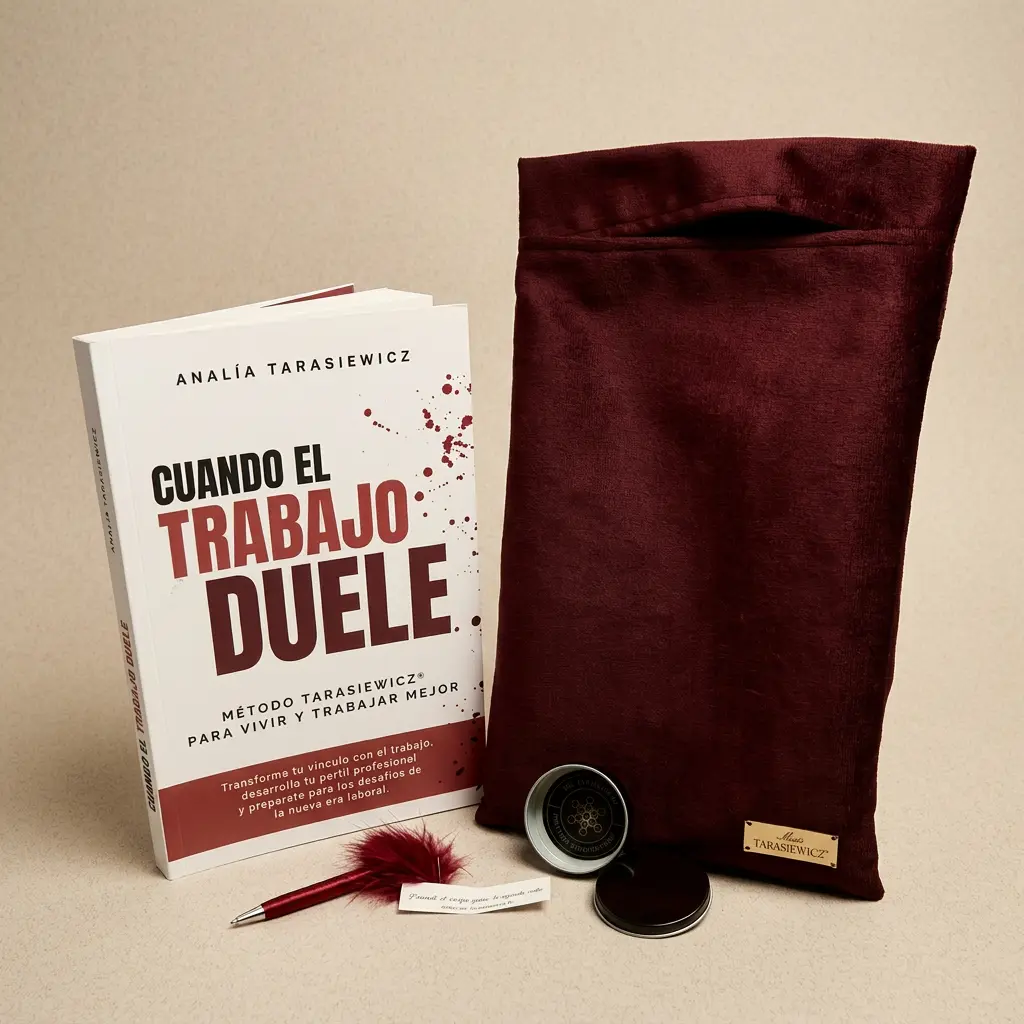 Set de regalo Cuando el trabajo duele: libro, funda premium de gamuza bordó y lata